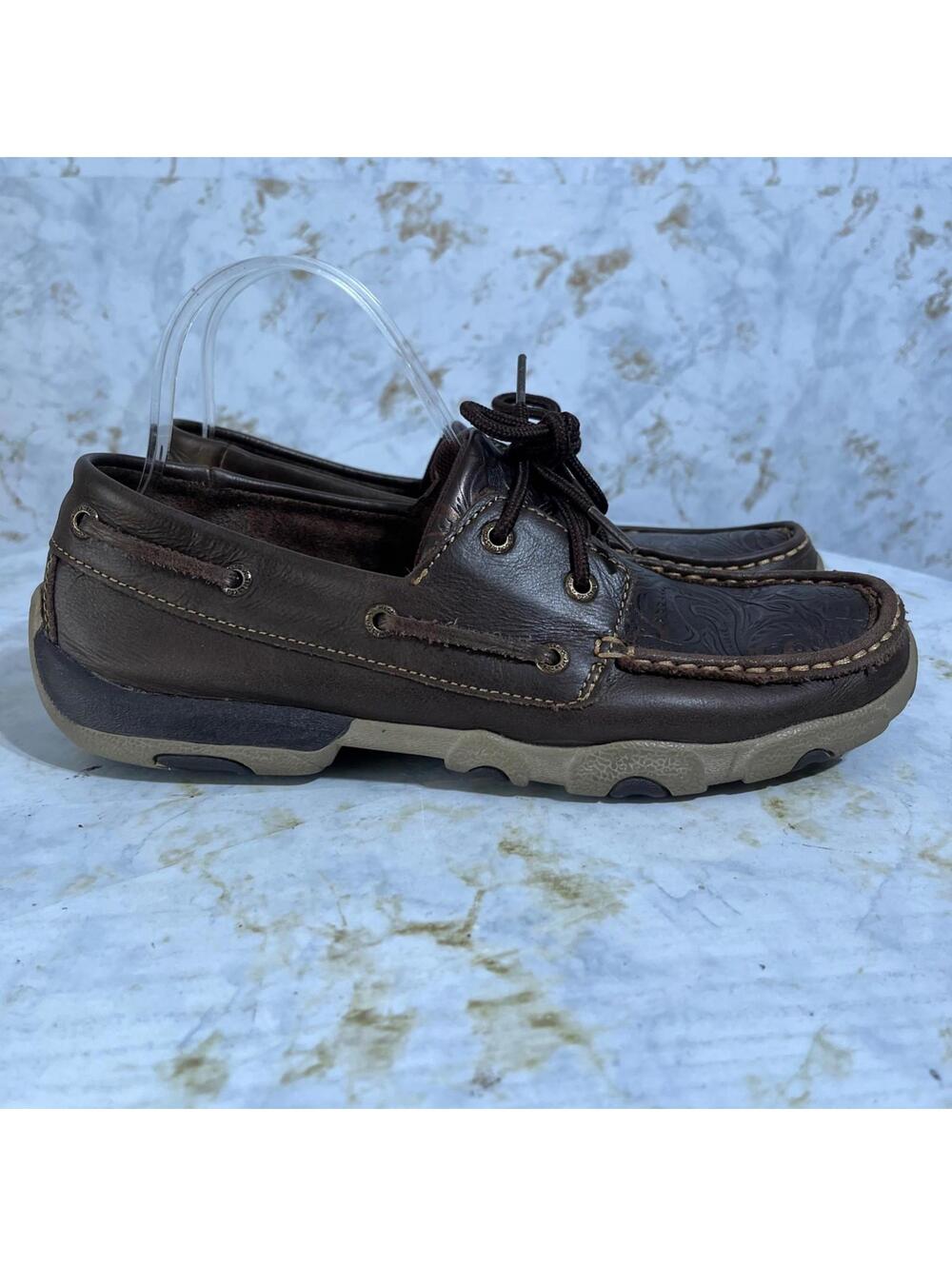 Twisted X Women's Size 9.5M Boat Shoes Brown Leather Embossed Moccasin Loafers